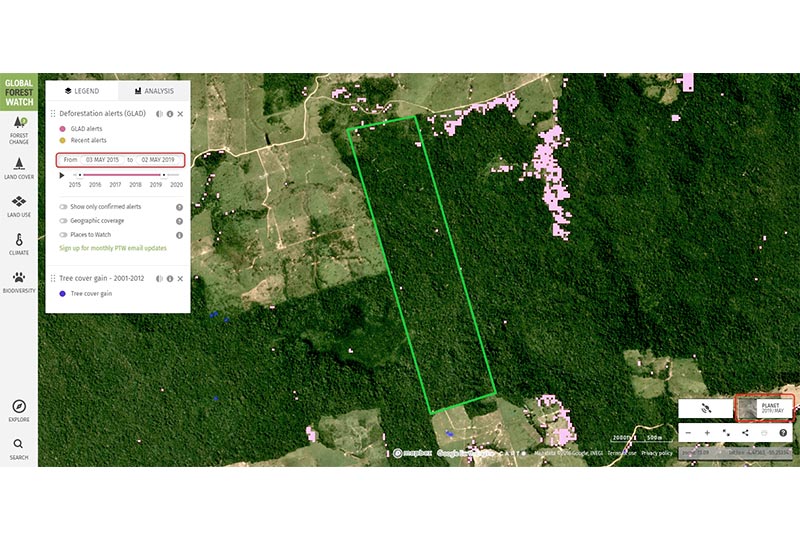 Sur l'image satellite, les points roses indiquent les endroits où la déforestation a eu lieu, ce qui permet de vérifier si les exigences du PMFS ont été respectées.